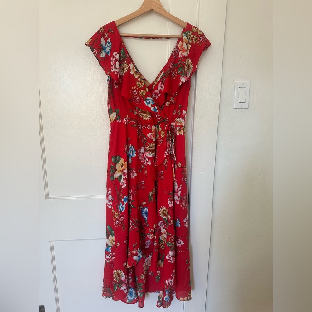 Soprano Red Ruffle Faux Wrap Floral Print Midi Dress